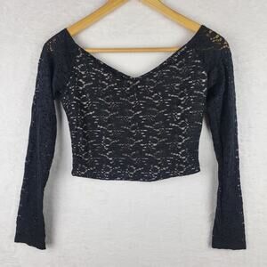 Whimsigoth M Top Long Sleeve Black Lace V Neck Crop Pullover Grunge Cottagecore